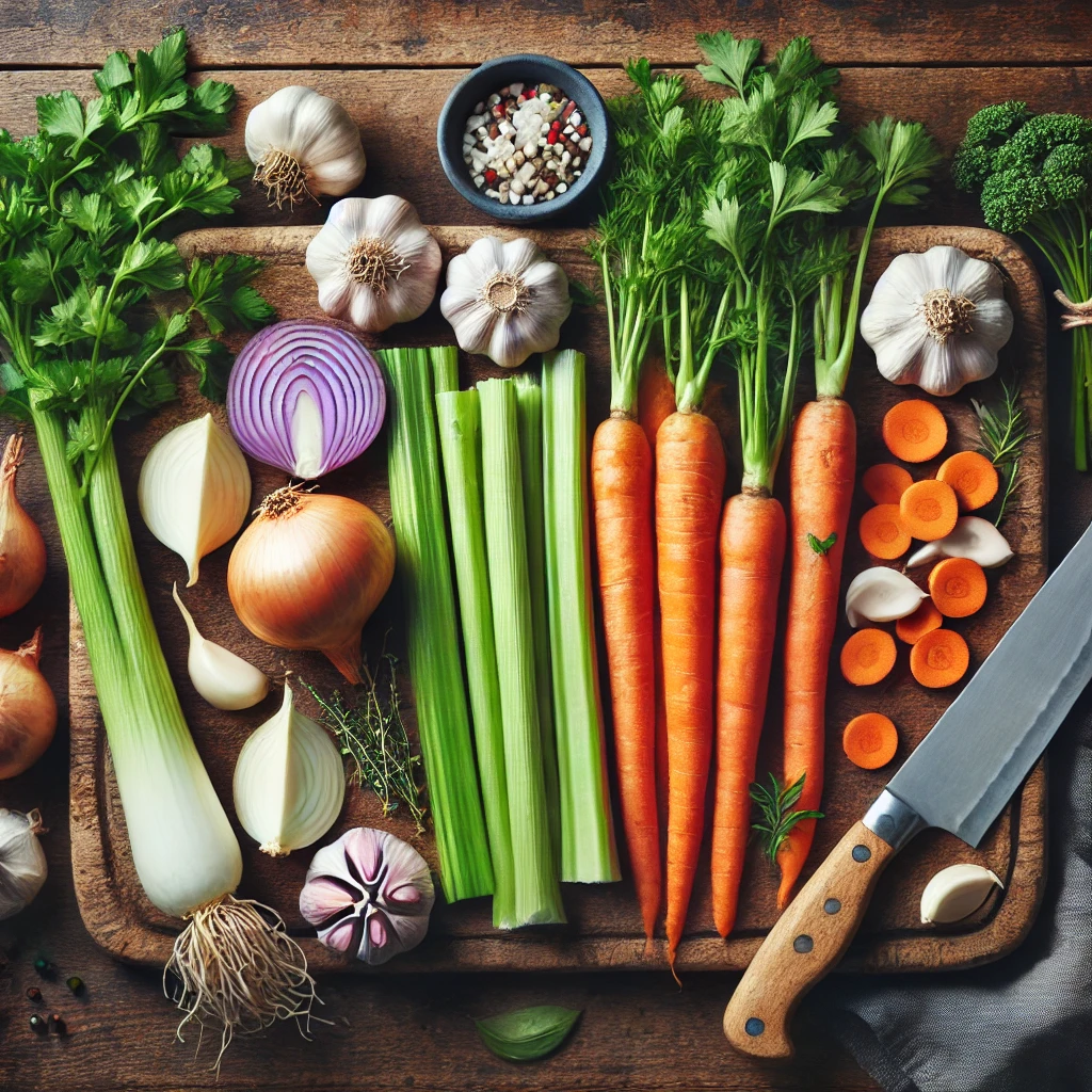 Fresh vegetables, chicken bones, garlic cloves, parsley, and thyme neatly arranged on a wooden cutting board with a chef's knife.
