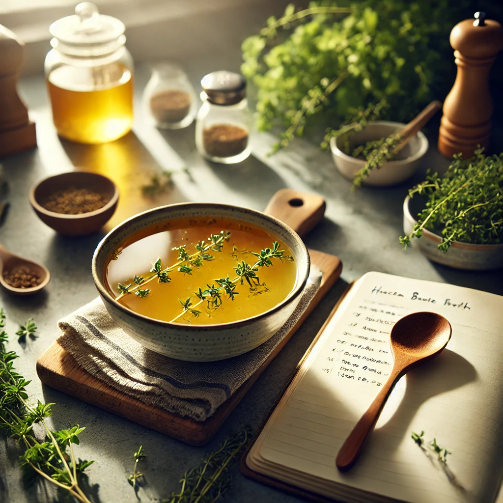 A comforting bowl of chicken bone broth with herbs, a wooden spoon, and recipe notes in a cozy kitchen setting.