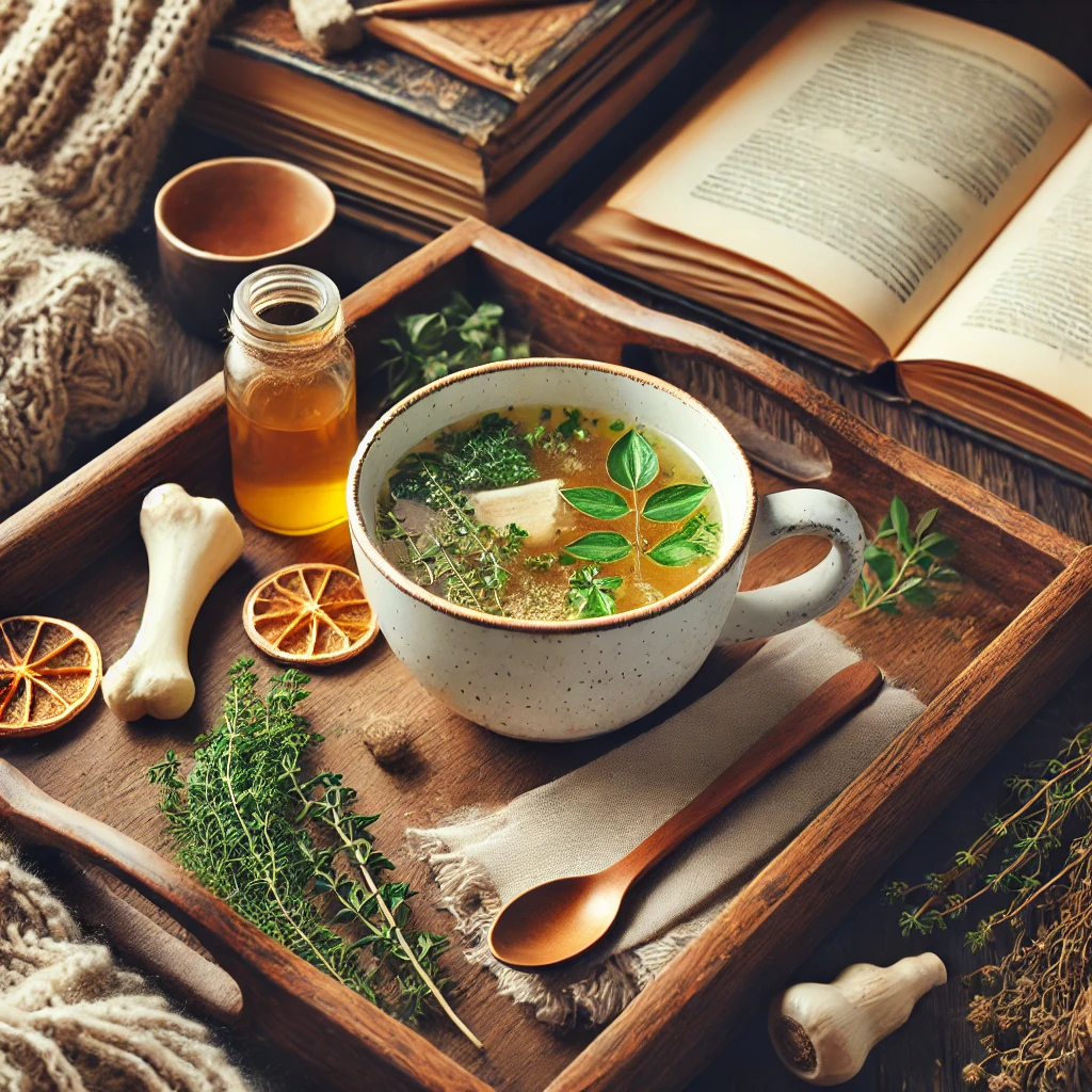 A mug of steaming chicken bone broth with fresh herbs on a wooden tray, surrounded by cozy elements like a blanket and a book.