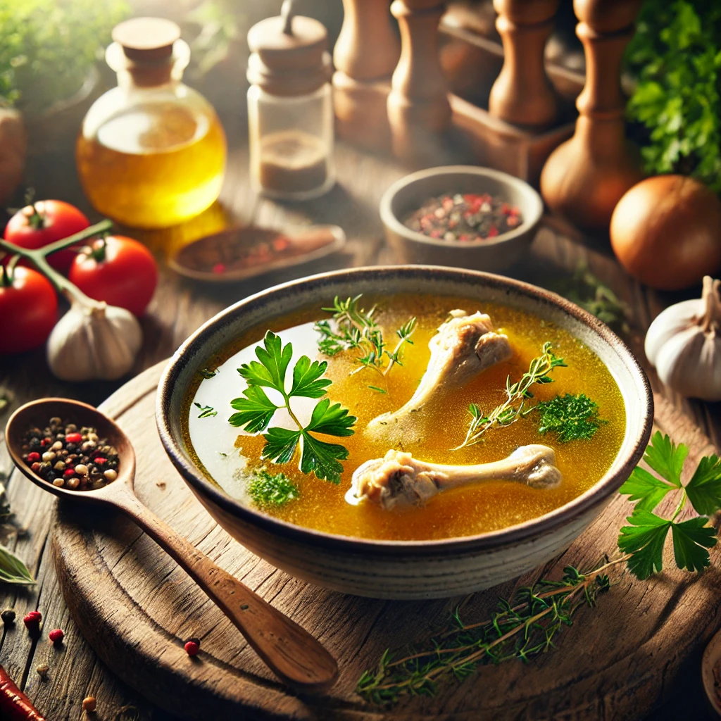 A steaming bowl of golden chicken bone broth garnished with fresh parsley and thyme, surrounded by rustic kitchen tools and fresh vegetables.