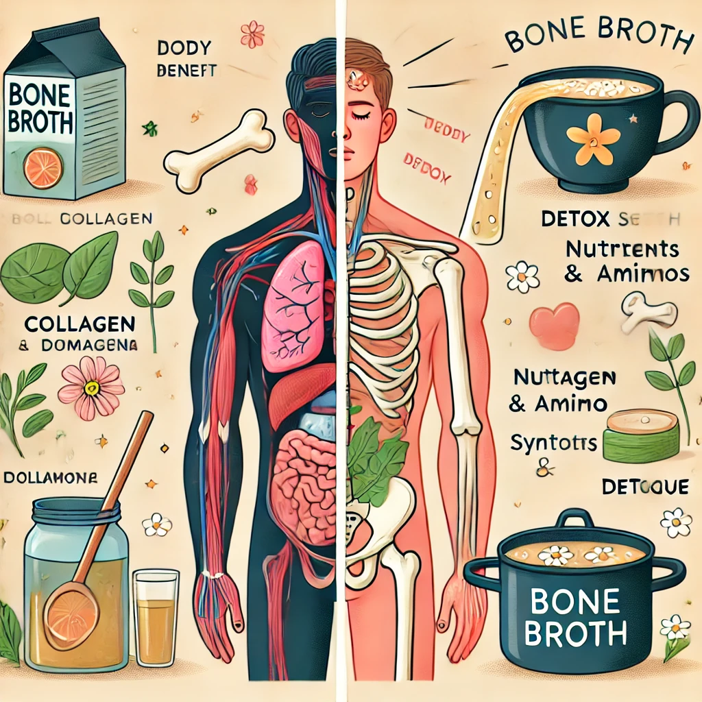 Illustration comparing the health benefits of bone broth with potential detox symptoms like headaches and fatigue.