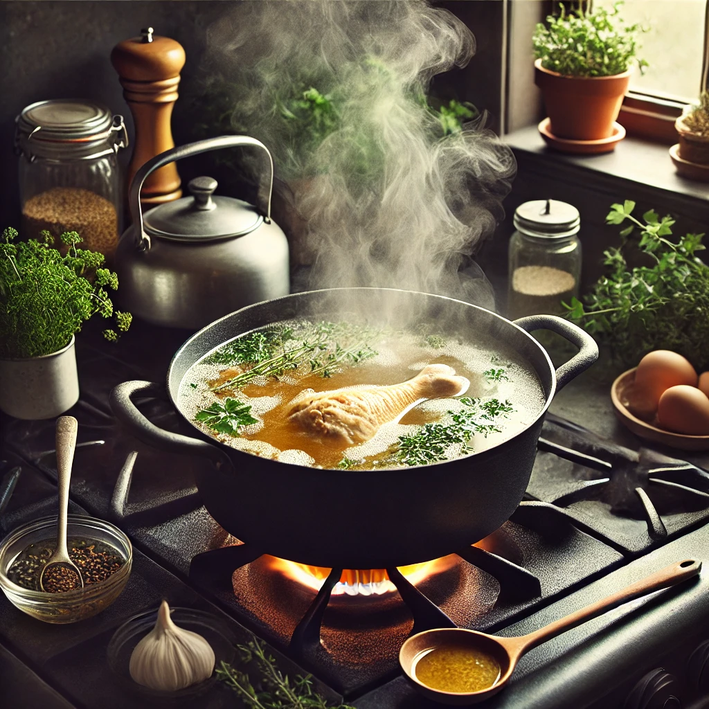 A stovetop with a large pot of chicken bone broth simmering, steam rising, surrounded by fresh herbs and a ladle.