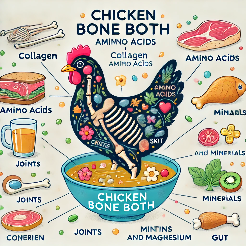 A nutrient diagram of chicken bone broth showing collagen, amino acids, and minerals with illustrations of their health benefits for skin, joints, and gut.