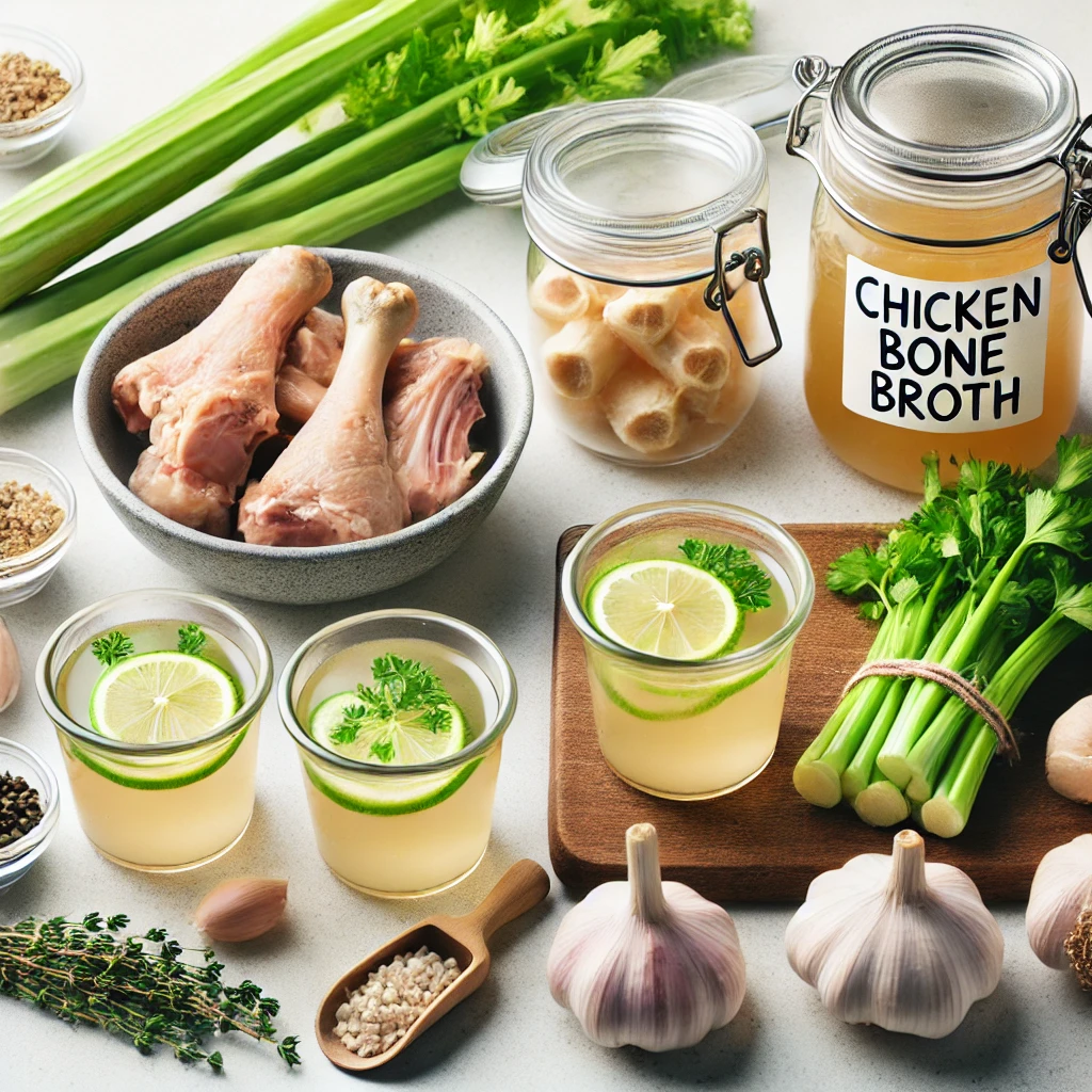 Small portioned cups of chicken bone broth with fresh ingredients and a jar labeled 'homemade broth' on a clean counter.
