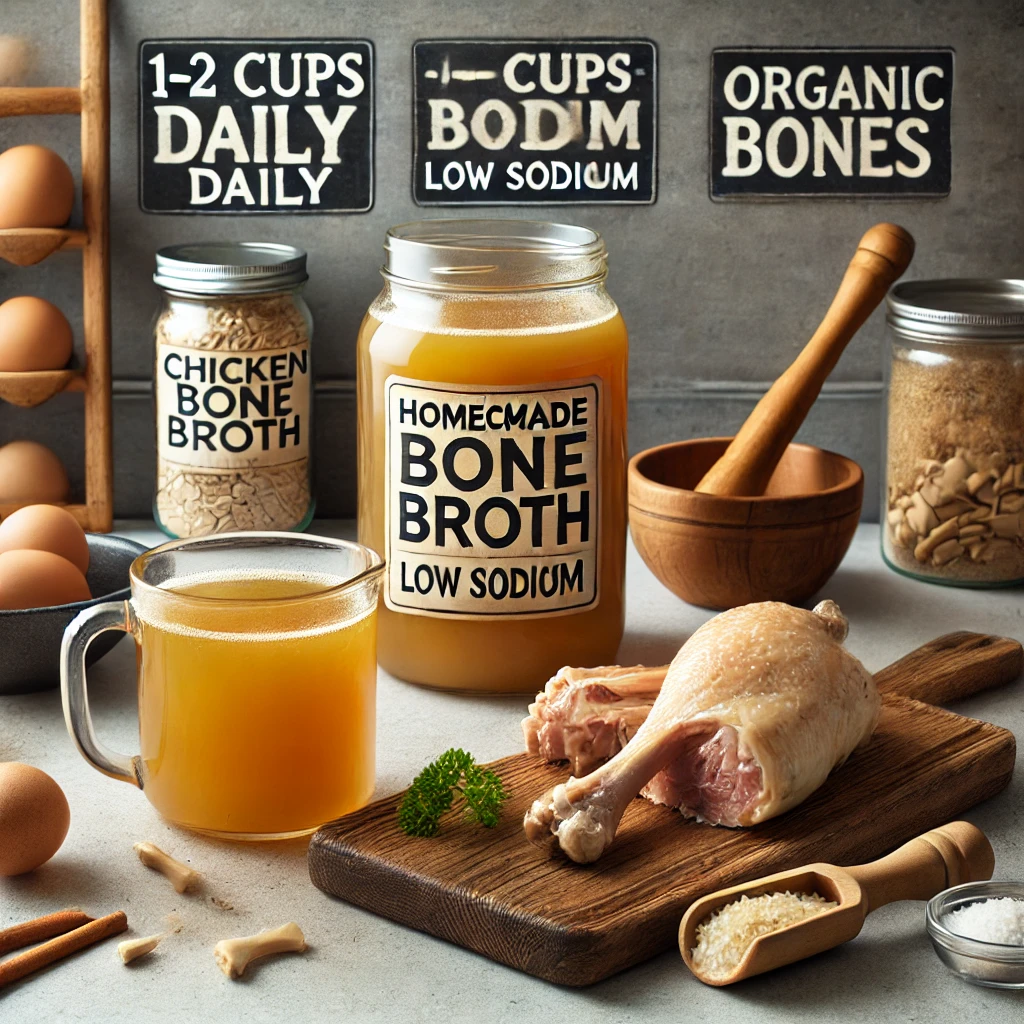 Two jars of homemade chicken bone broth with a measuring cup and labels showing tips like recommended daily intake, low sodium, and organic ingredients.
