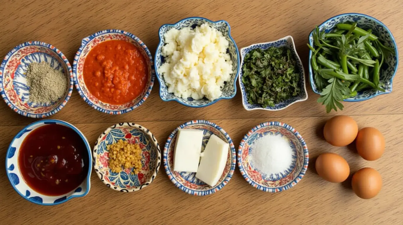 A vibrant display of ingredients for Beijing Beef Sauce, including soy sauce, sugar, ketchup, vinegar, garlic, and ginger, arranged in small bowls.