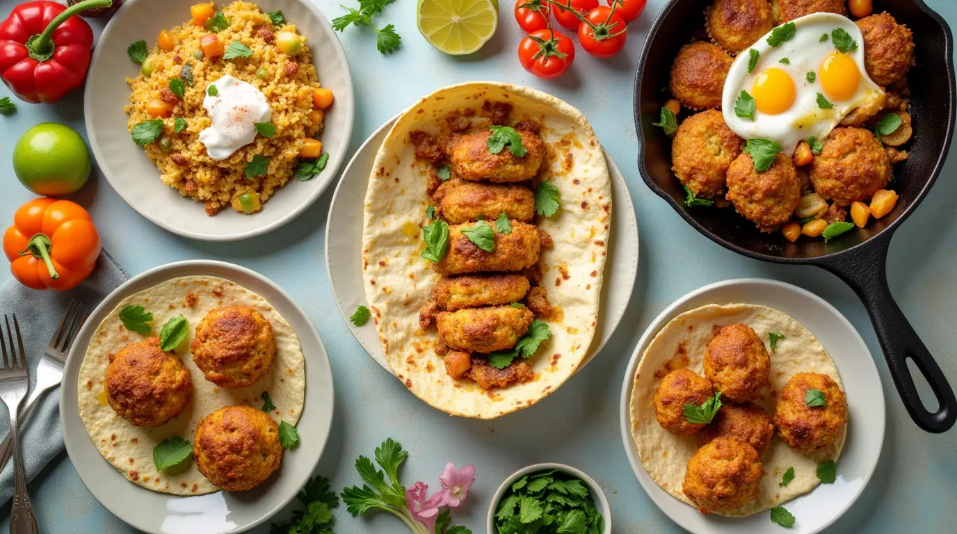 A vibrant breakfast table featuring chicken breakfast recipes like chicken and egg muffins, wraps, and a skillet dish with fresh garnishes.