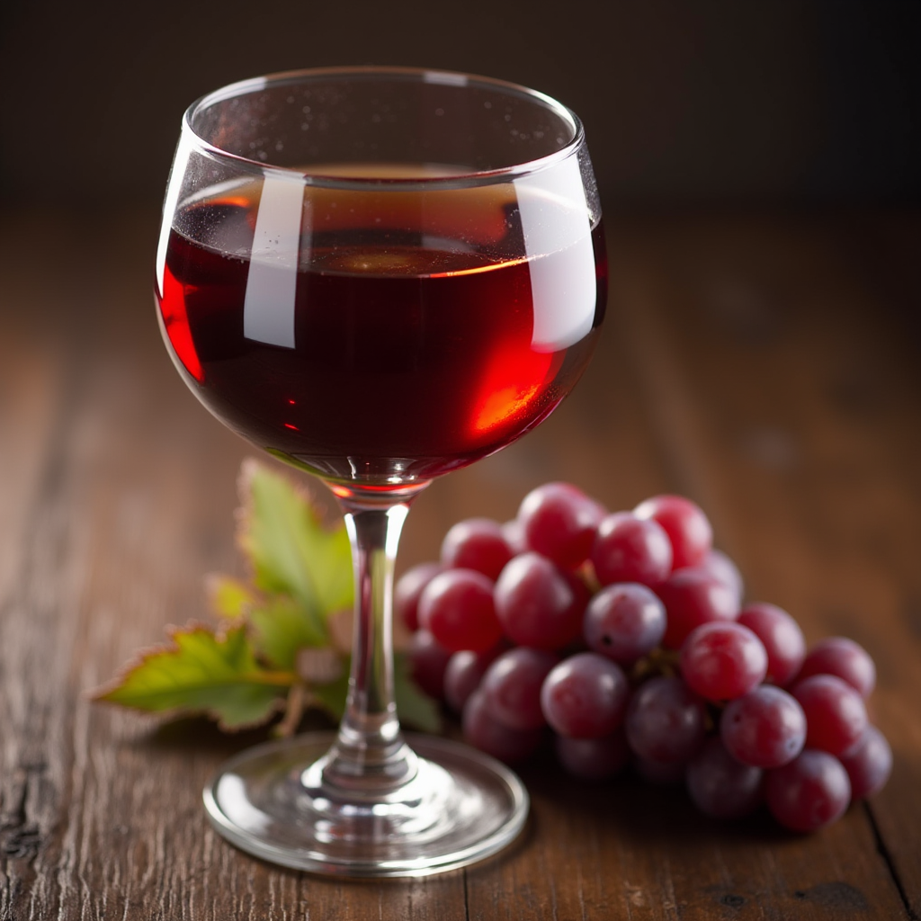 A glass of dessert wine surrounded by fresh grapes and a vineyard background.
