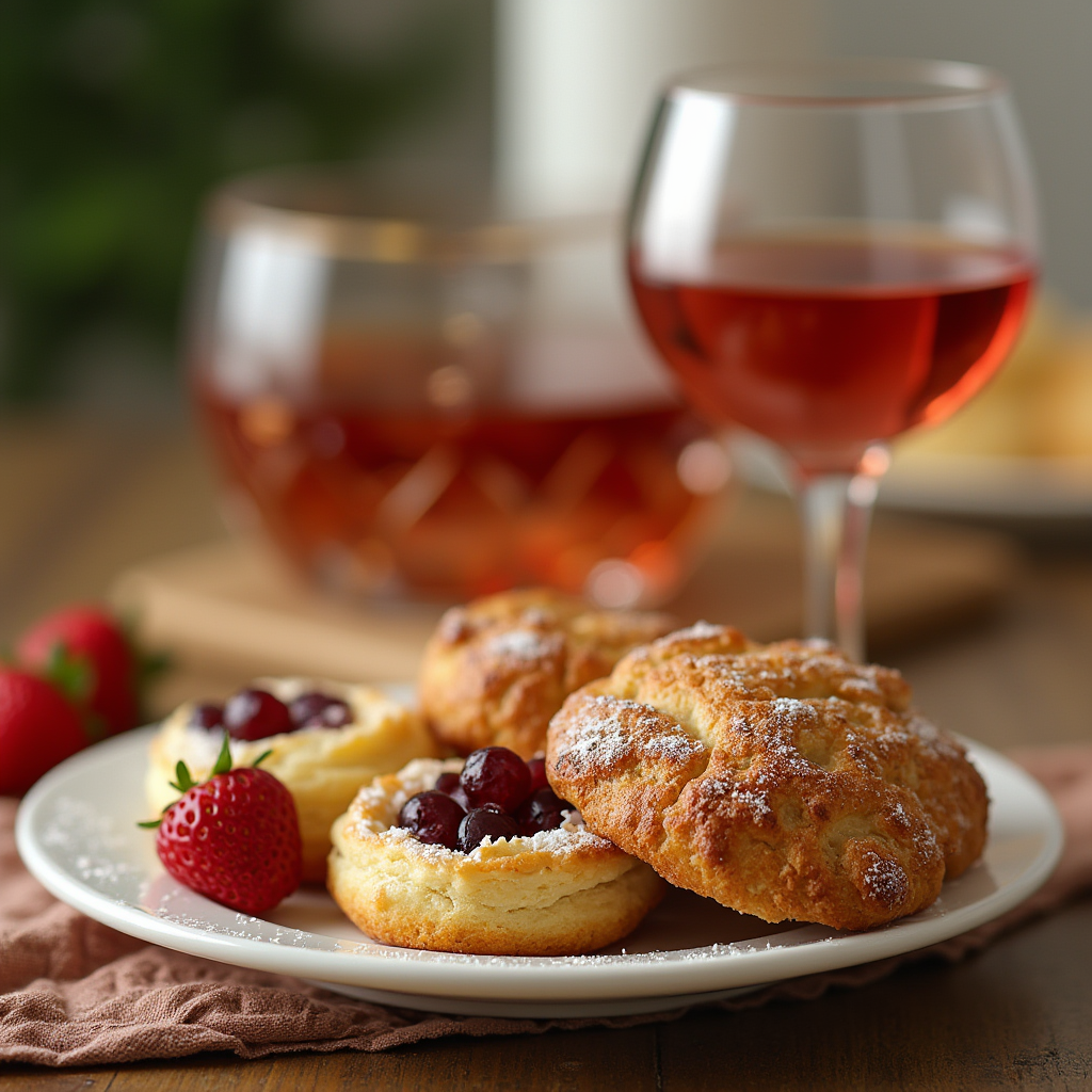 A glass of dessert wine with homemade pastries on a wooden table.