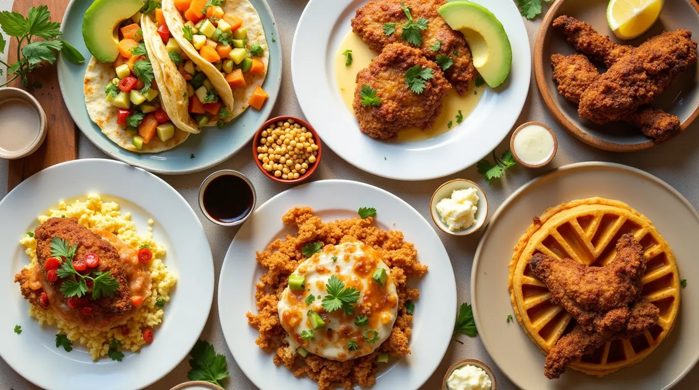 A variety of chicken breakfast recipes, including chicken and waffles, chicken omelet, and breakfast tacos on a wooden breakfast table.