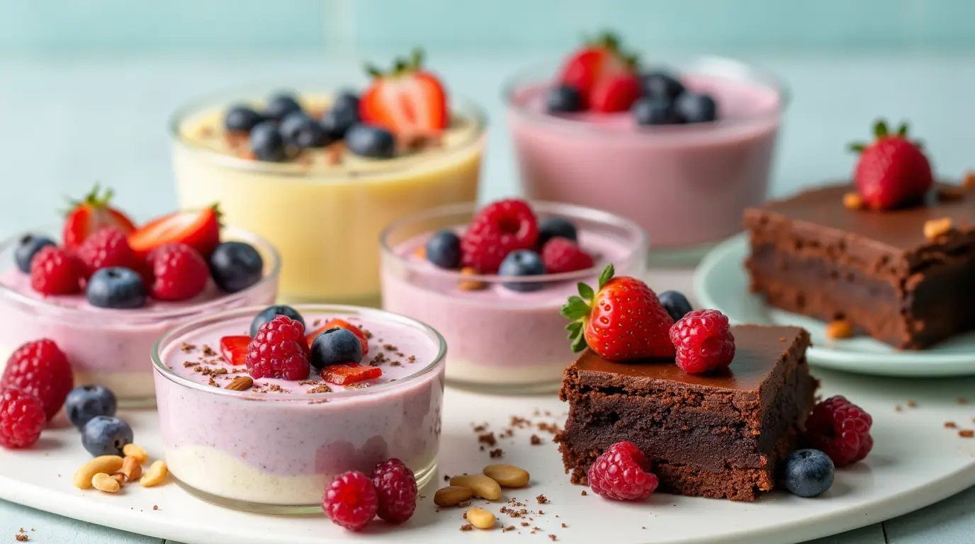 A variety of high protein desserts, including protein puddings, parfaits, and brownies, beautifully arranged on a wooden table.