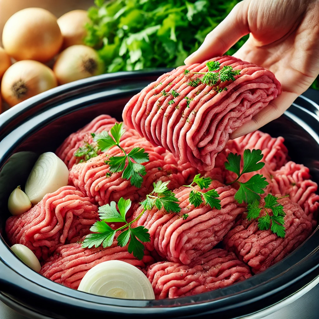 Raw ground beef added to a slow cooker