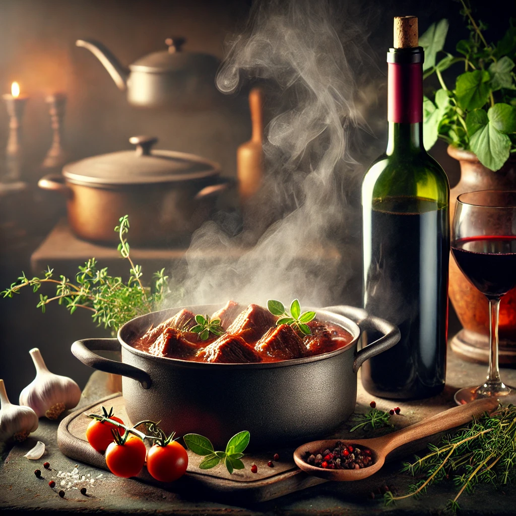 A bottle of red wine beside a simmering pot of beef stew, ready to be added for enhanced flavor.