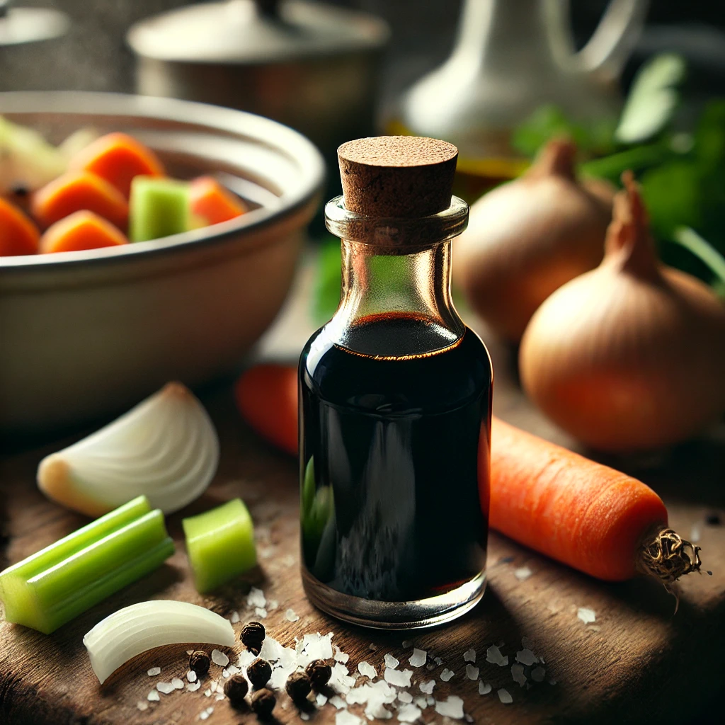 Balsamic vinegar paired with chopped vegetables, offering an alternative to red wine in beef stew.