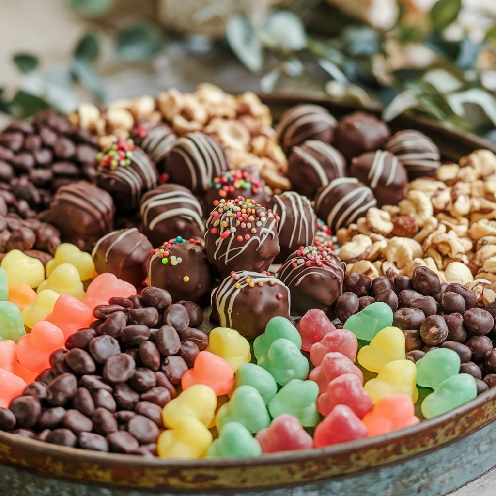 An assortment of gluten and dairy-free candies, including chocolate truffles, peanut butter cups, and fruit gummies, displayed on a wooden tray.