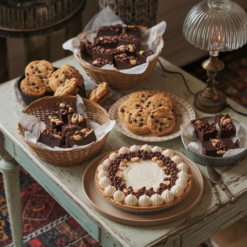 An assortment of gluten and dairy-free desserts, including brownies, cookies, and coconut cream pie, beautifully arranged on a rustic table.