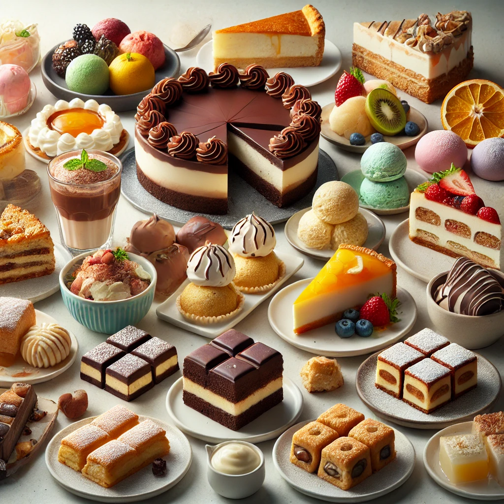 An assortment of common desserts including chocolate cake, cheesecake, and ice cream.