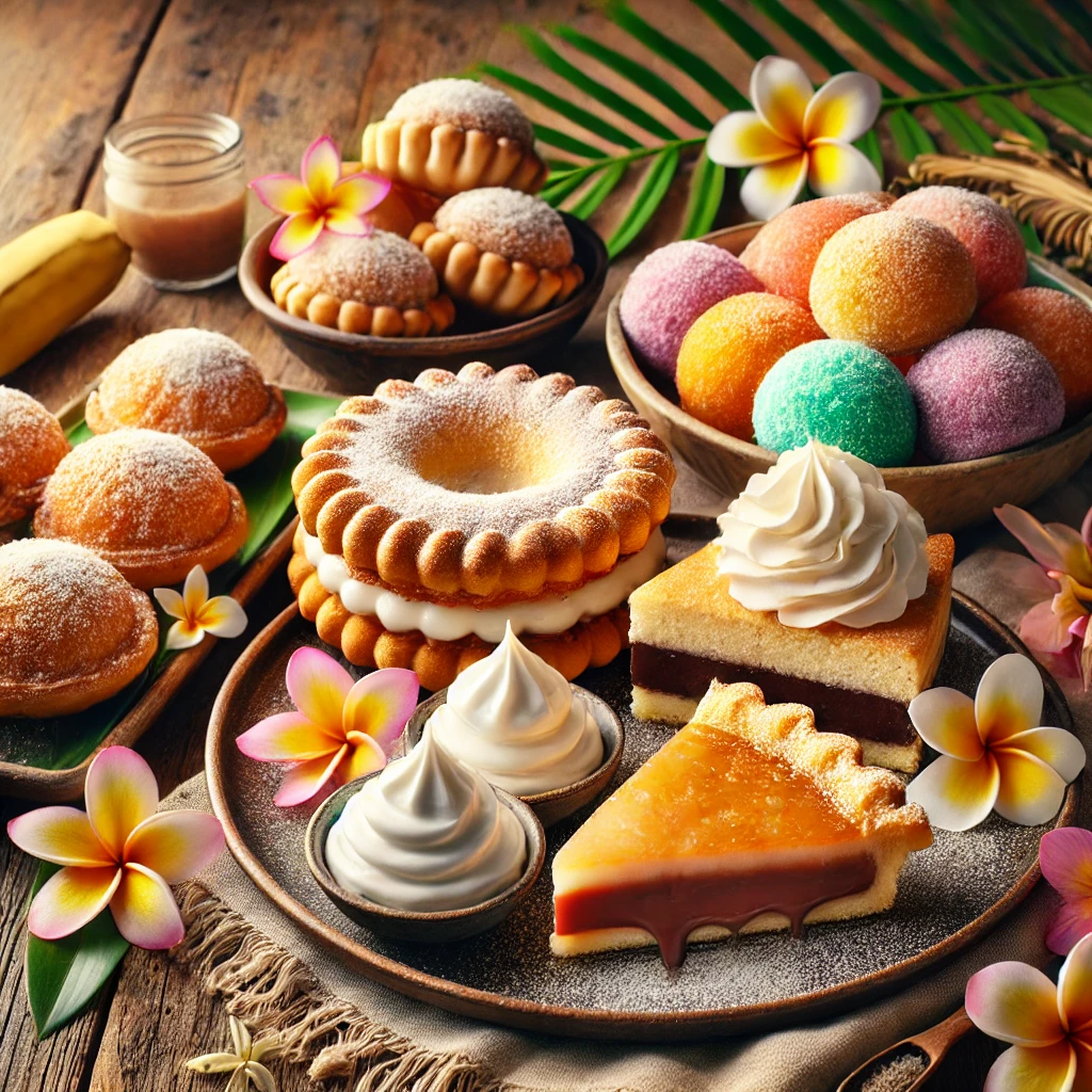 An assortment of famous Hawaiian desserts including malasadas, Haupia Pie, and Poi Mochi.