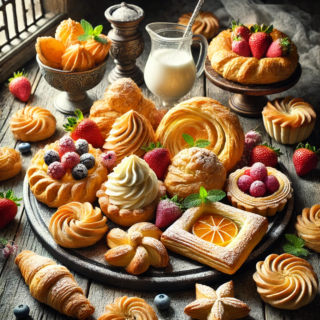 Assorted puff pastry desserts including fruit tarts, cream-filled pastries, and puff pastry twists arranged on a rustic wooden table.