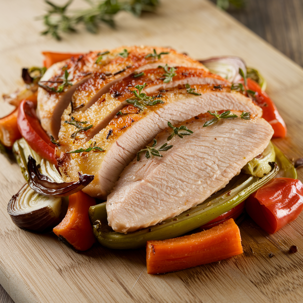 Baked thin cut chicken breast in the oven with vegetables
