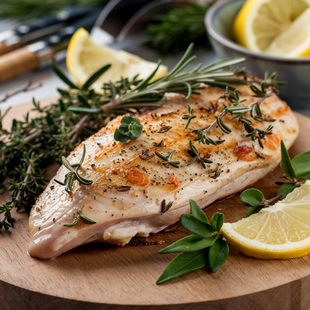 Baked Thin Cut Chicken Breast with rosemary, thyme, and garlic on a baking tray
