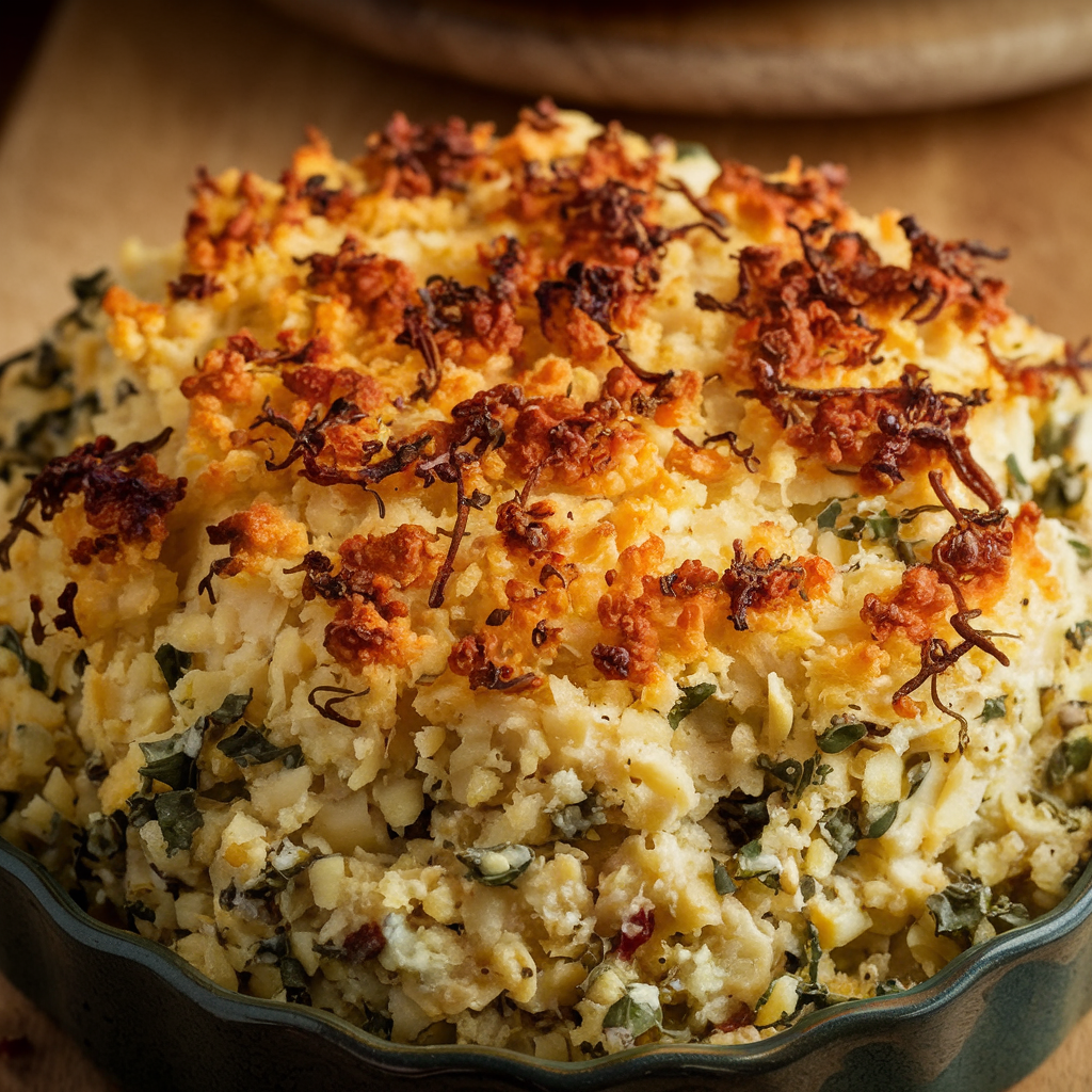 A dish of baked traditional dressing with a crispy golden top.
