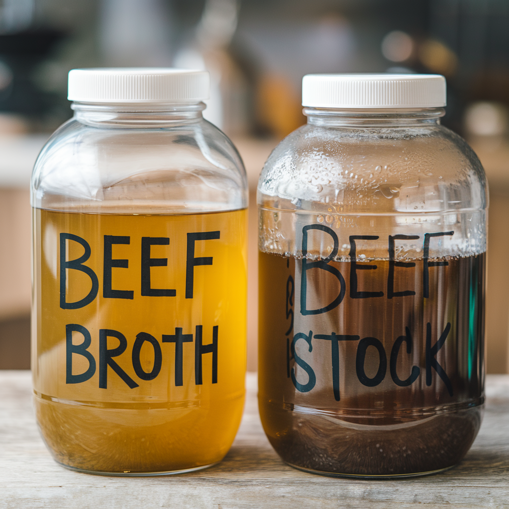 Side-by-side comparison of beef broth and beef stock in clear bowls.
