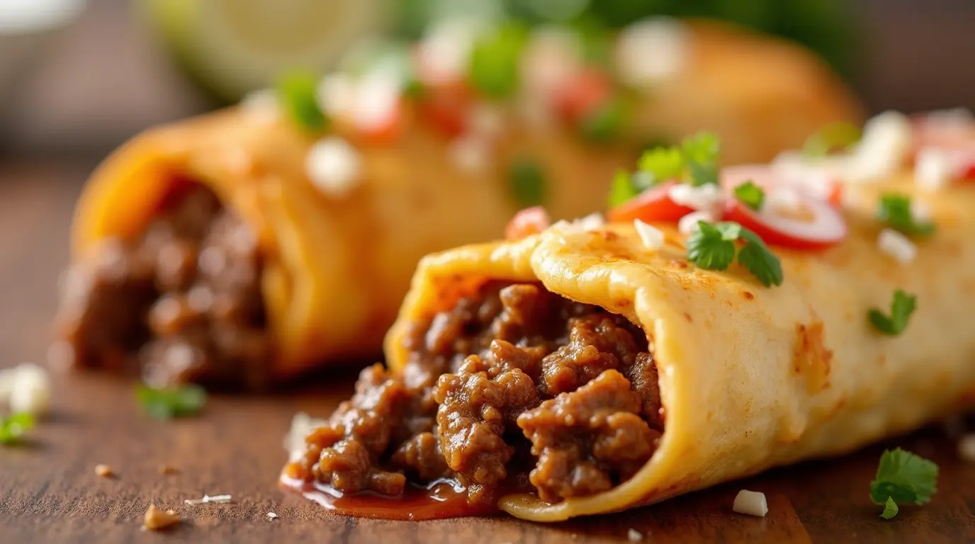 Crispy beef chimichanga served on a plate with guacamole, sour cream, and salsa.