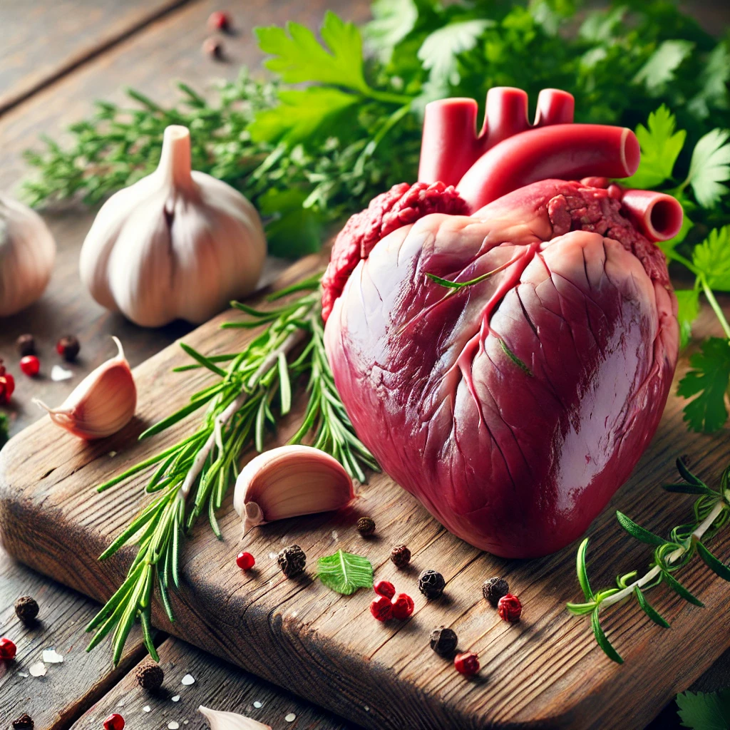 Raw beef heart Recipe on a wooden cutting board with herbs and spices, ready for cooking.