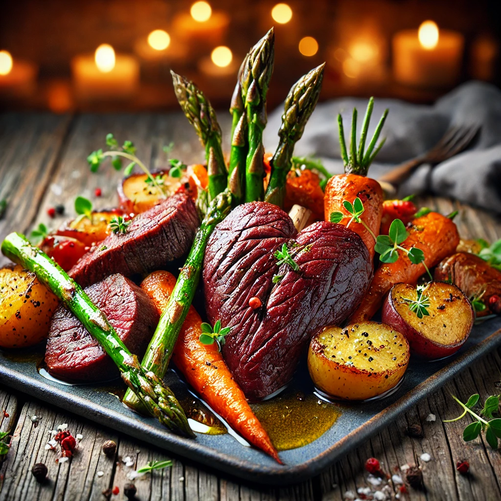 A plated beef heart recipe served with roasted vegetables and garnished with fresh herbs.