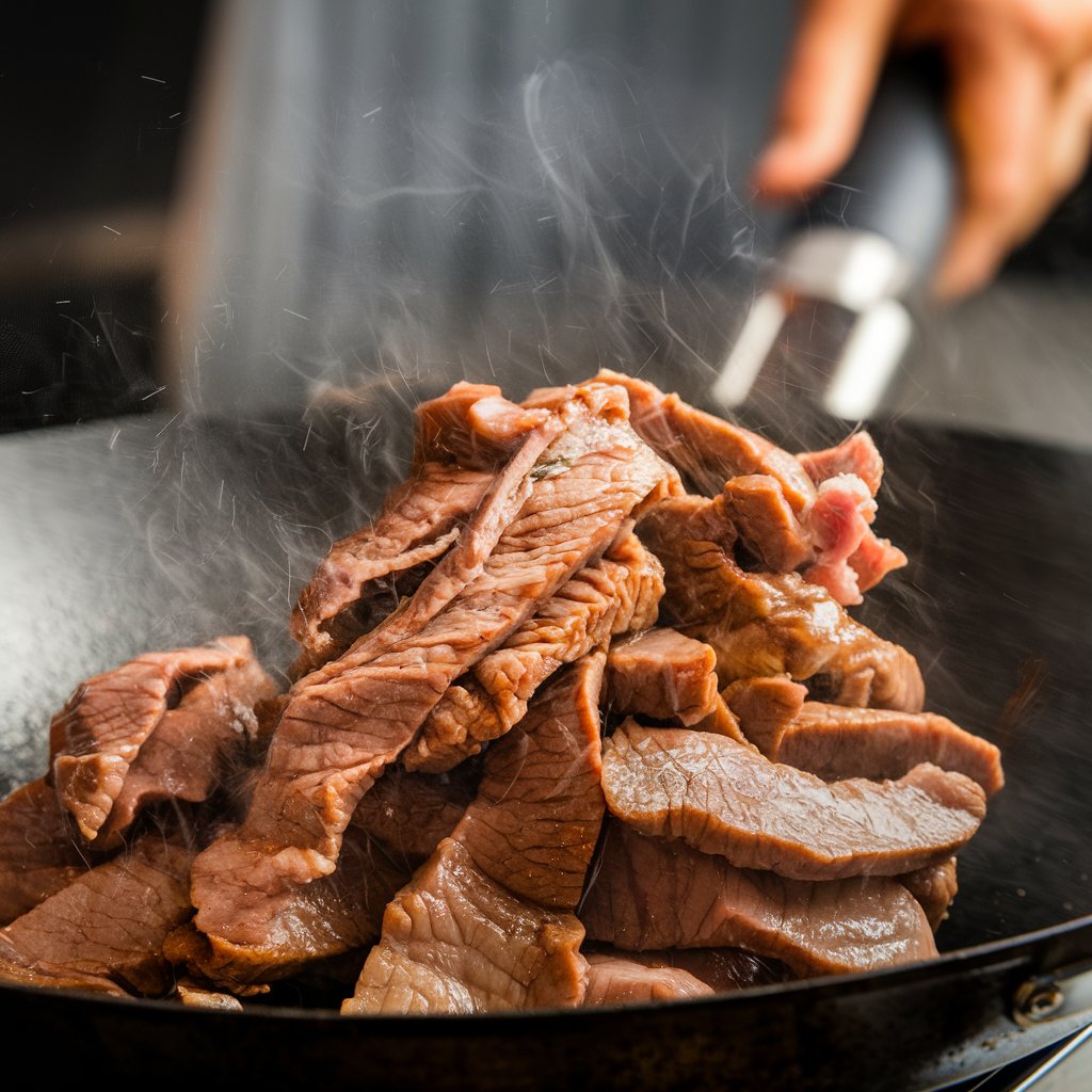 Slices of beef sizzling in a wok, showing a golden-brown sear during cooking.
