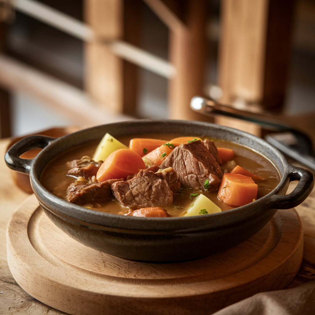 Classic beef stew made with beef stock served in a bowl.
