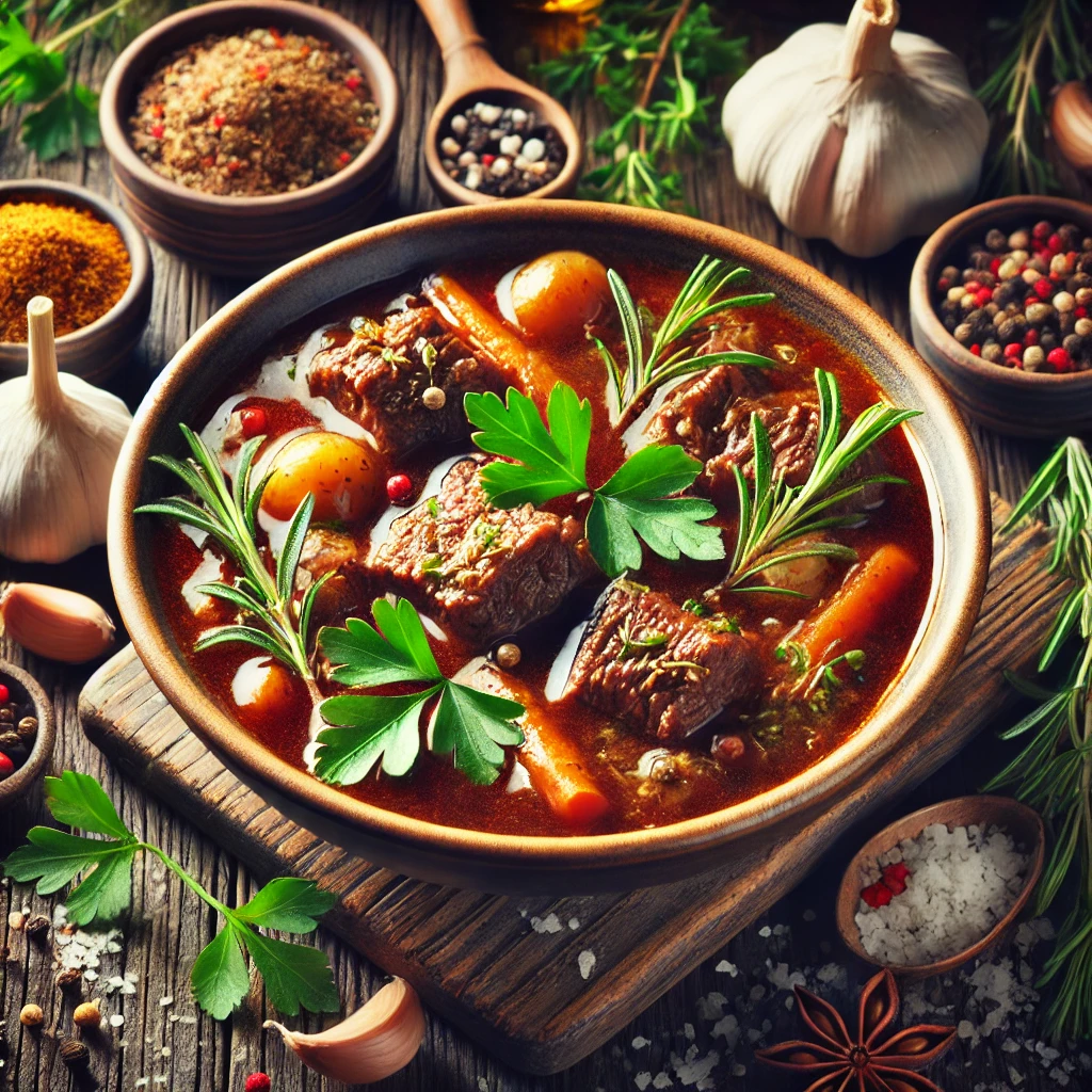 A rustic bowl of beef stew garnished with parsley, surrounded by fresh herbs and spices on a wooden table.