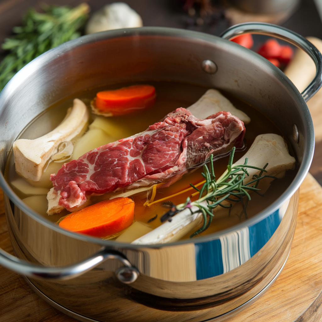 Beef stock simmering in a large pot with bones and vegetables.
