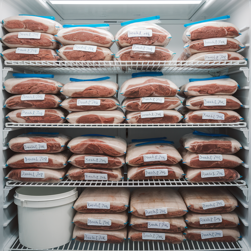 Beef stock stored in labeled freezer-safe bags, stacked neatly in a freezer.
