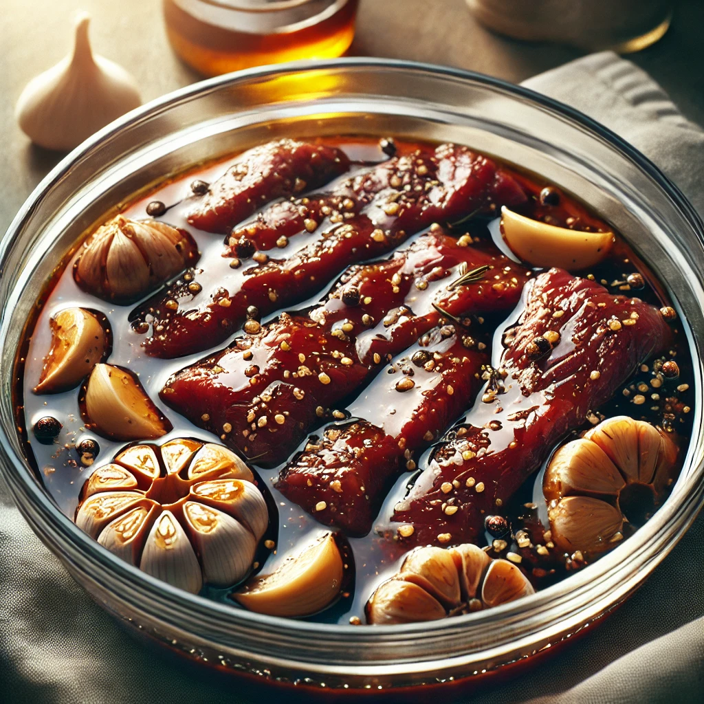 Beef strips soaking in a teriyaki marinade in a clear bowl.
