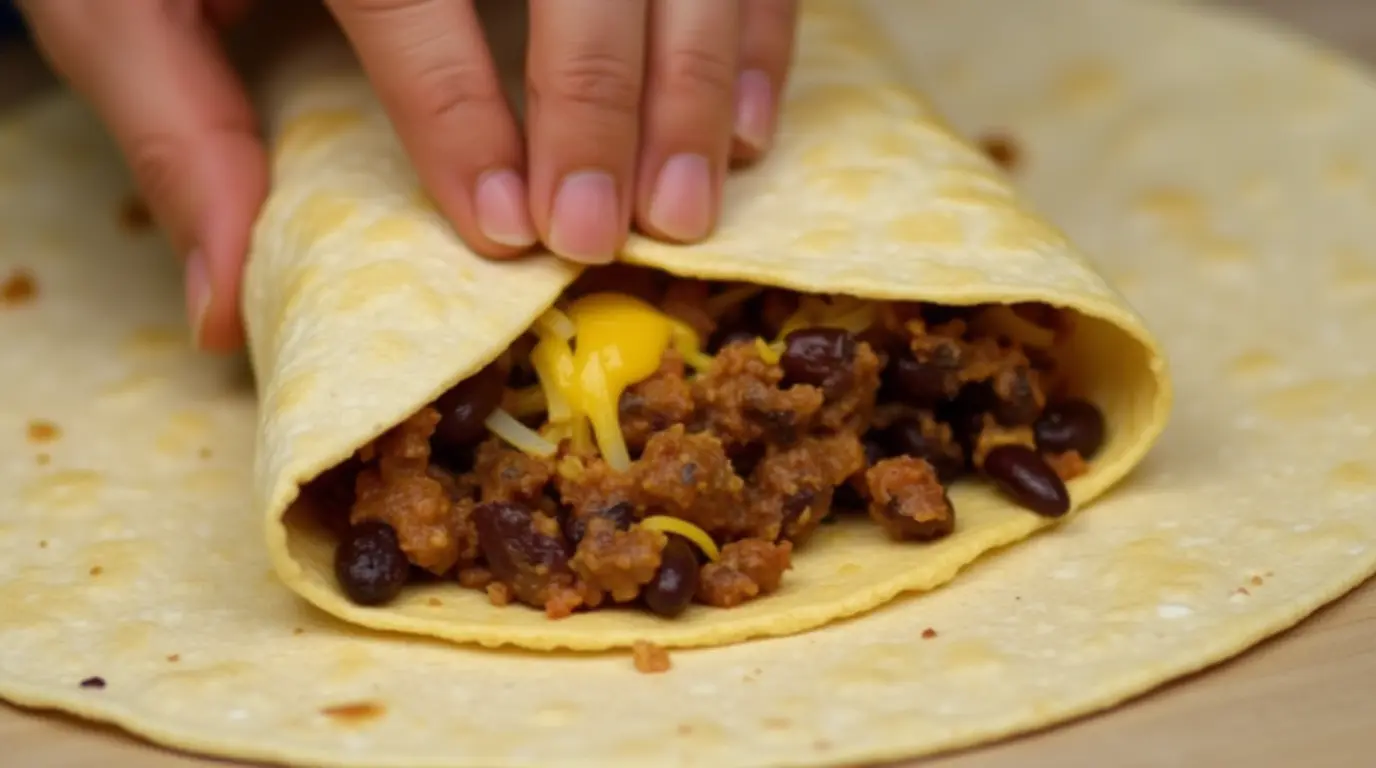 Crispy beef chimichanga on a plate with guacamole, sour cream, and salsa toppings.