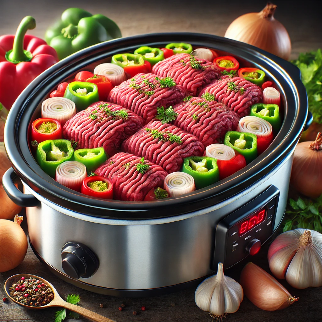 Raw ground beef with fresh vegetables and seasonings
