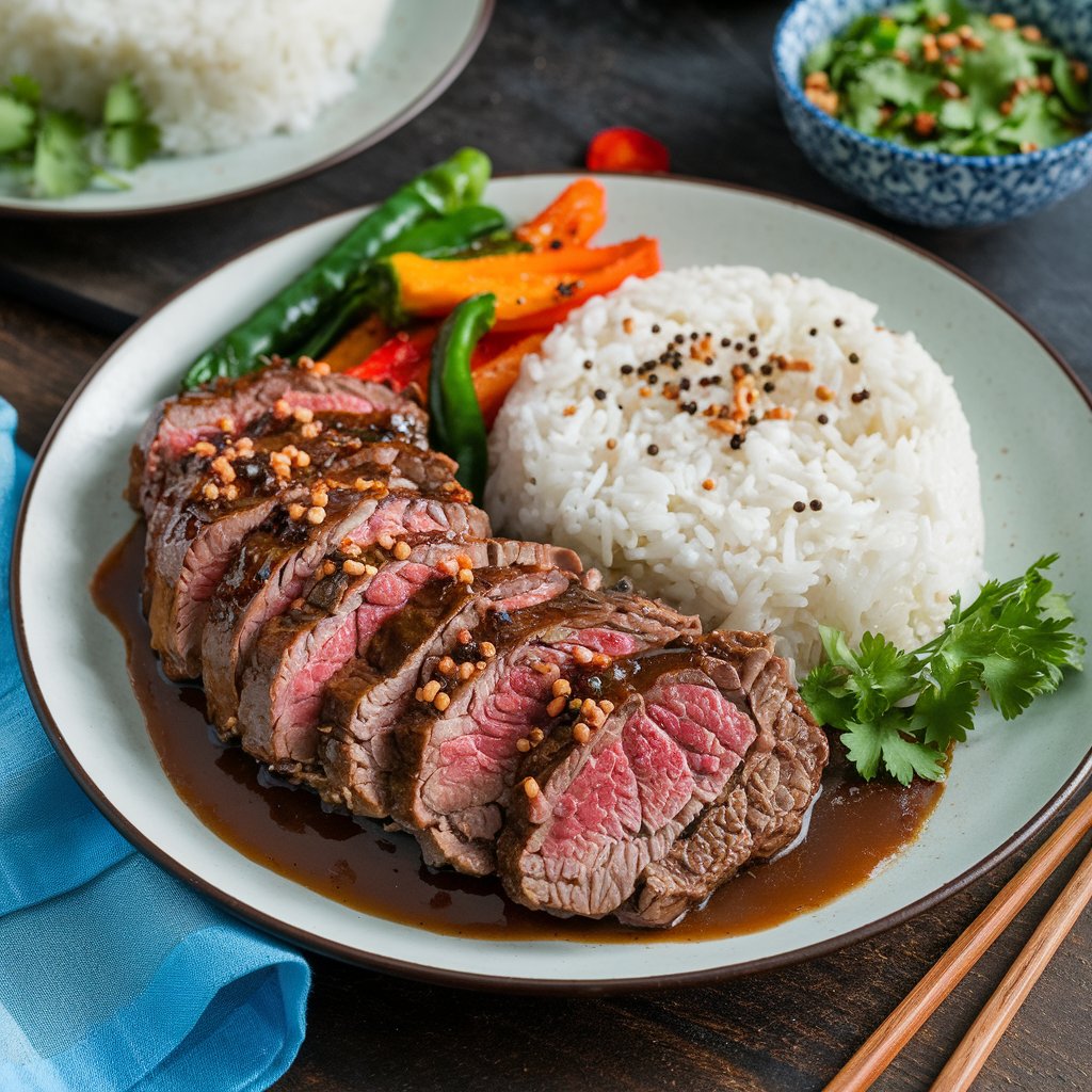 A plated dish of black pepper beef served with steamed rice and stir-fried vegetables.