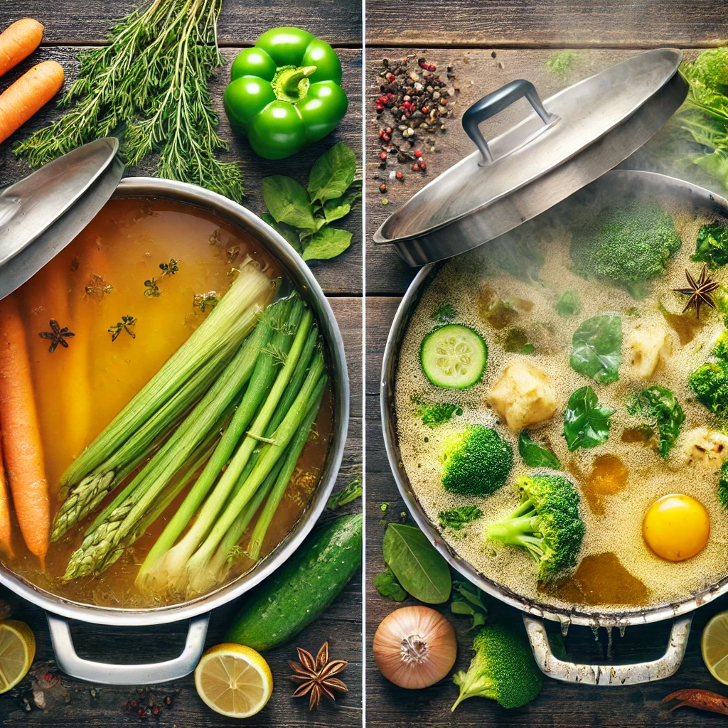 Comparison of a clear golden broth versus a cloudy, greasy broth with overcooked vegetables.
