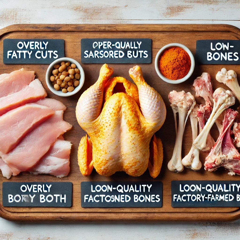 Chicken parts to avoid in bone broth, including fatty cuts, pre-seasoned bones, and factory-farmed bones, displayed with labels.
