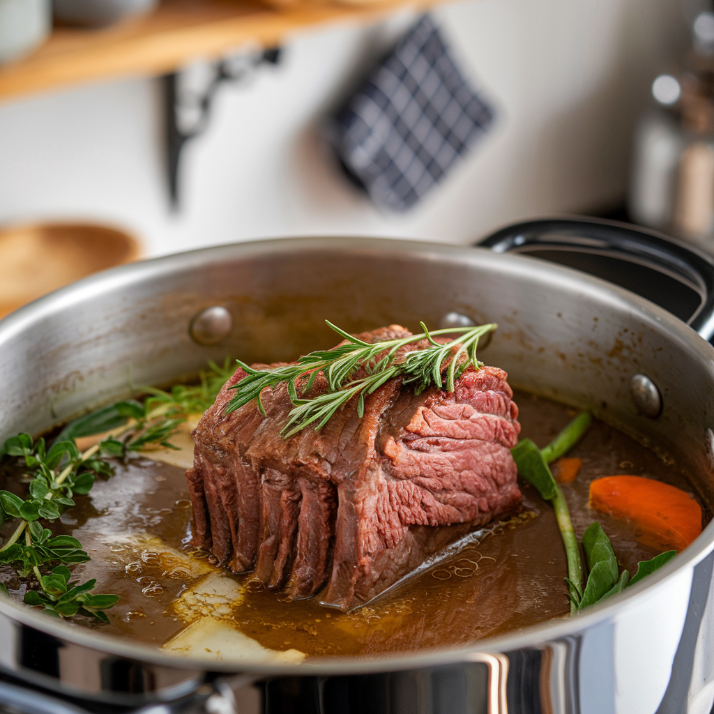 Braised beef short ribs cooking in beef stock with vegetables and herbs.
