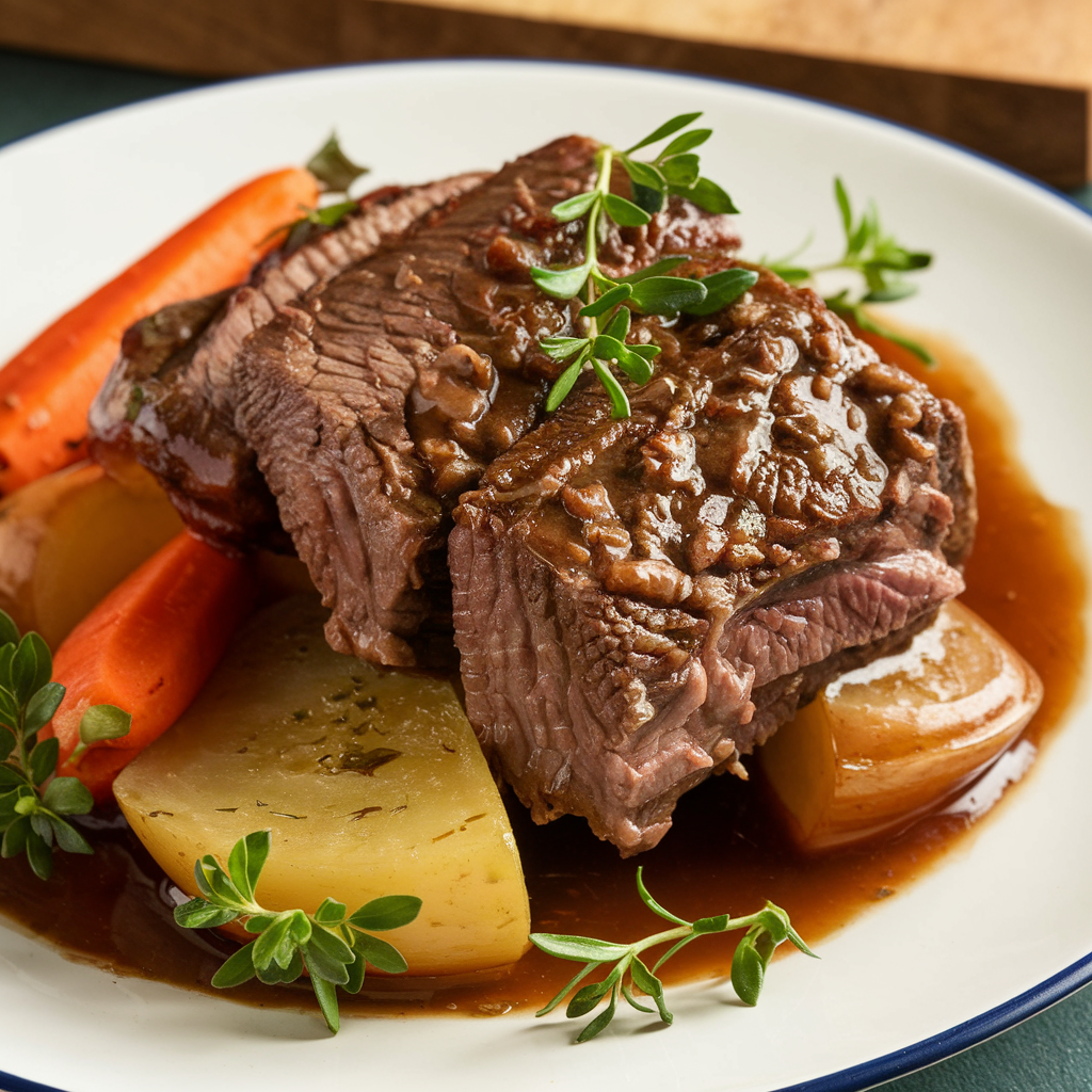 Braised beef short ribs cooked in beef stock served with vegetables.
