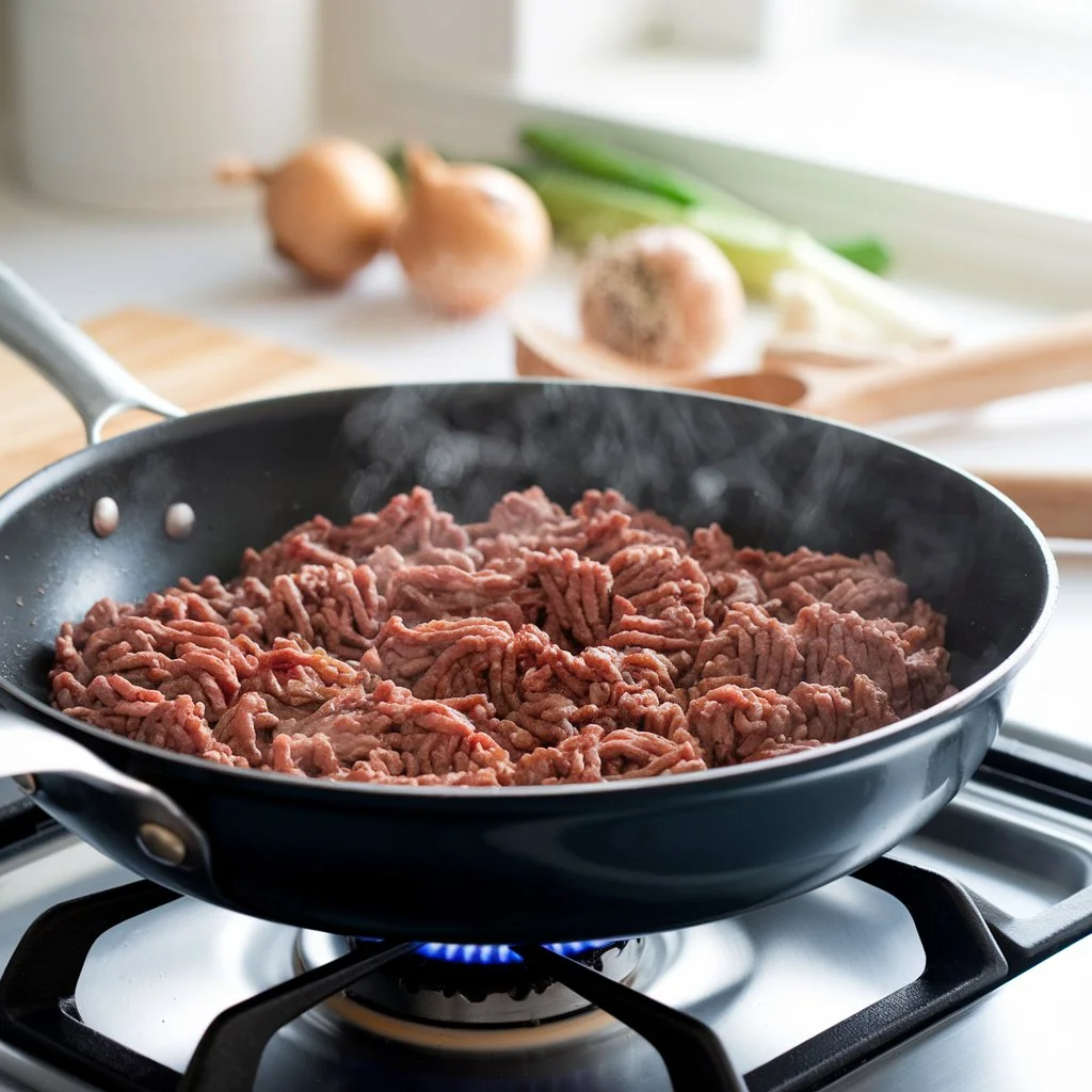 Ground beef being browned in a skillet before being added to a slow cooker.
