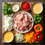 Fresh ingredients for chicken cheesesteak recipe, including sliced chicken, melted cheese, bell peppers, and small bowls of sauces.