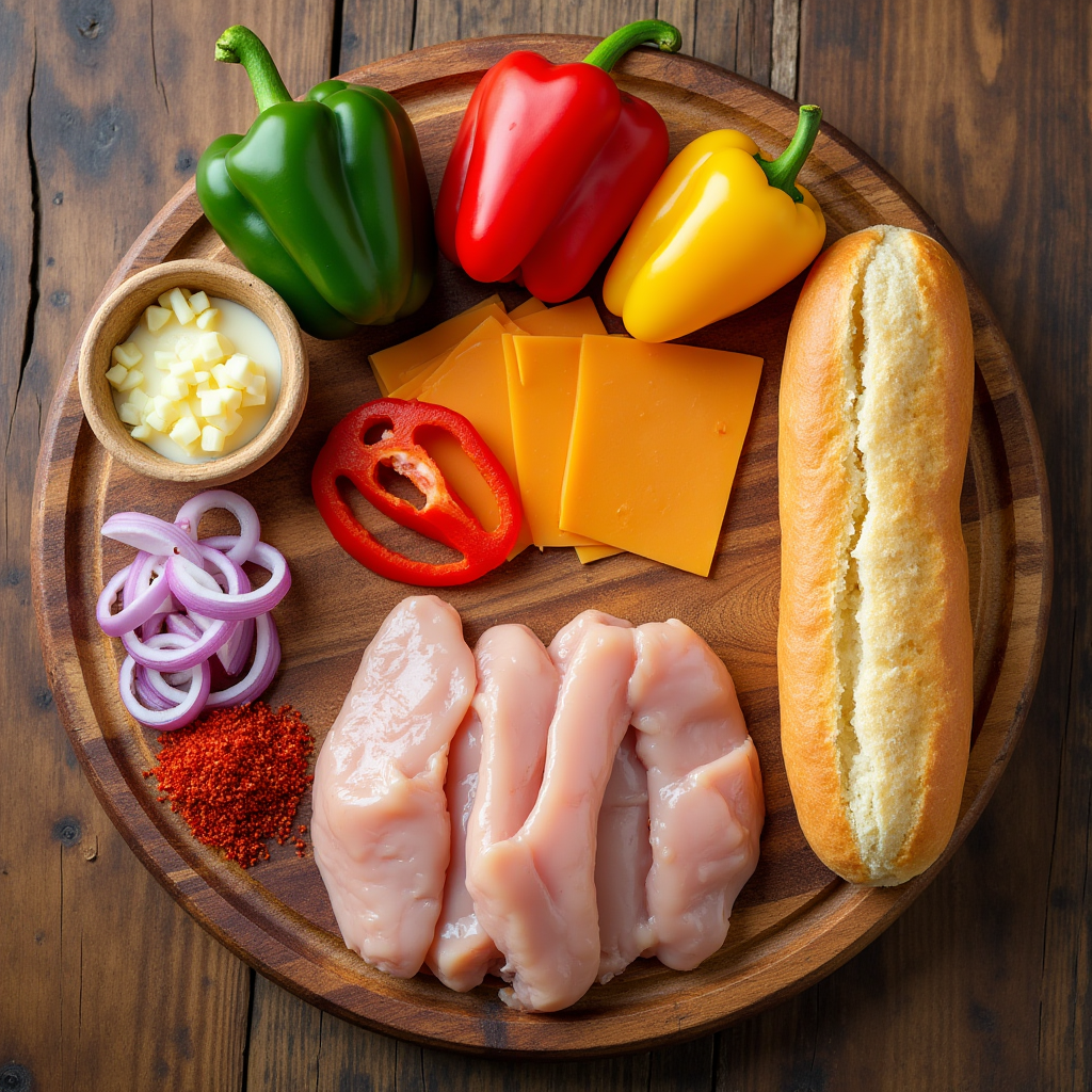 Ingredients for chicken cheesesteak recipe, including raw chicken, sliced bell peppers, onions, cheese, and hoagie rolls on a wooden board.