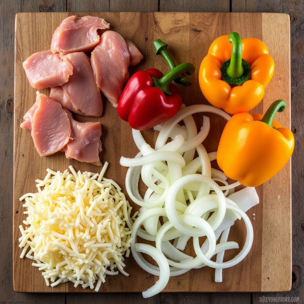 Fresh ingredients for chicken cheesesteak recipe, including sliced chicken, bell peppers, onions, and cheese on a wooden board.