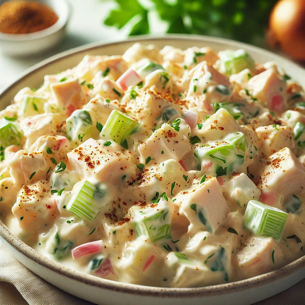 Creamy chicken salad with chicken, mayonnaise, vegetables, and seasoning.