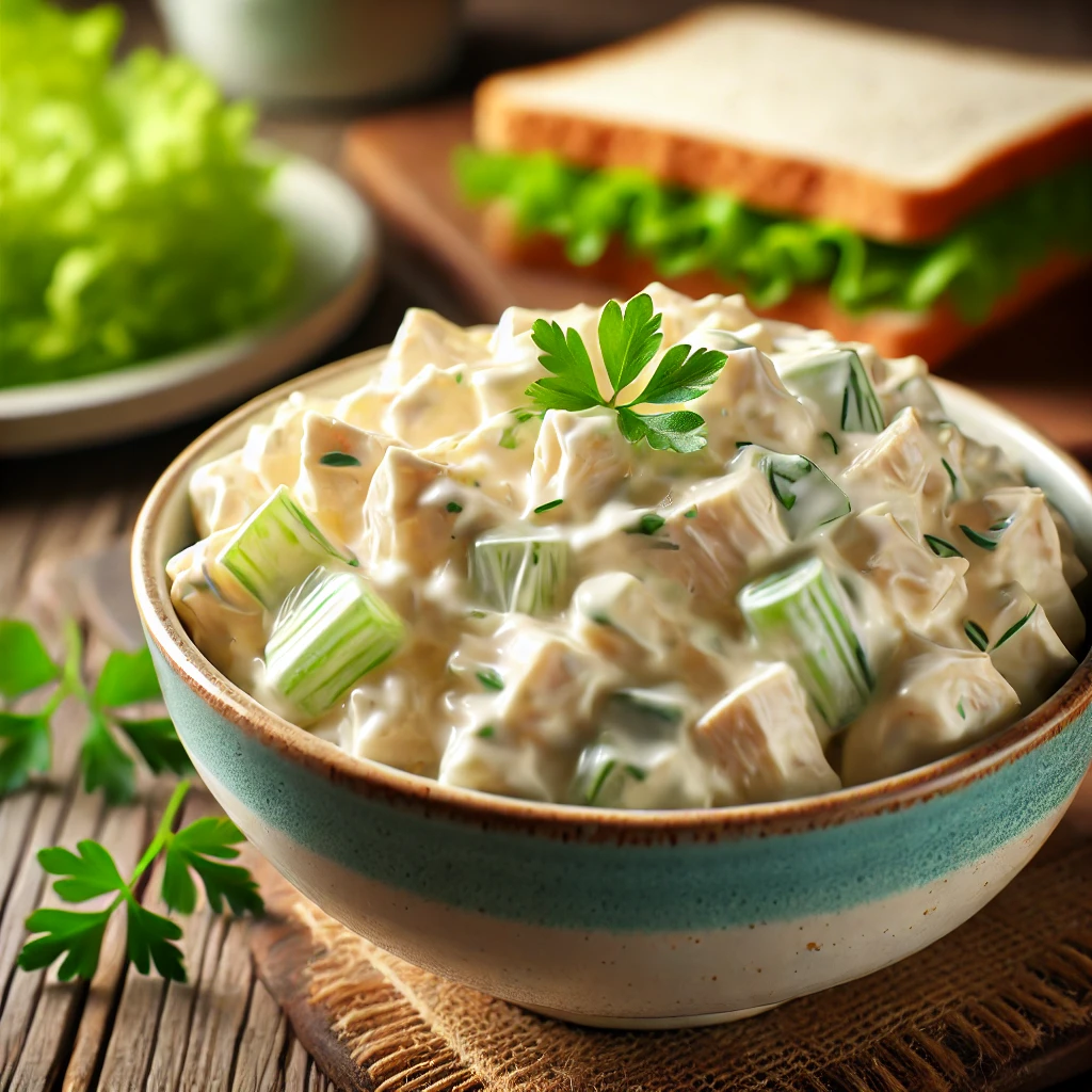 Fresh bowl of creamy chicken salad with chunks of chicken and vegetables on a rustic wooden table.