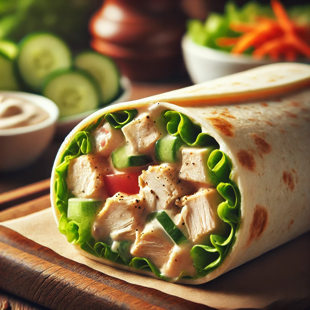 Chicken salad wrap with fresh greens and creamy dressing, served with side vegetables.